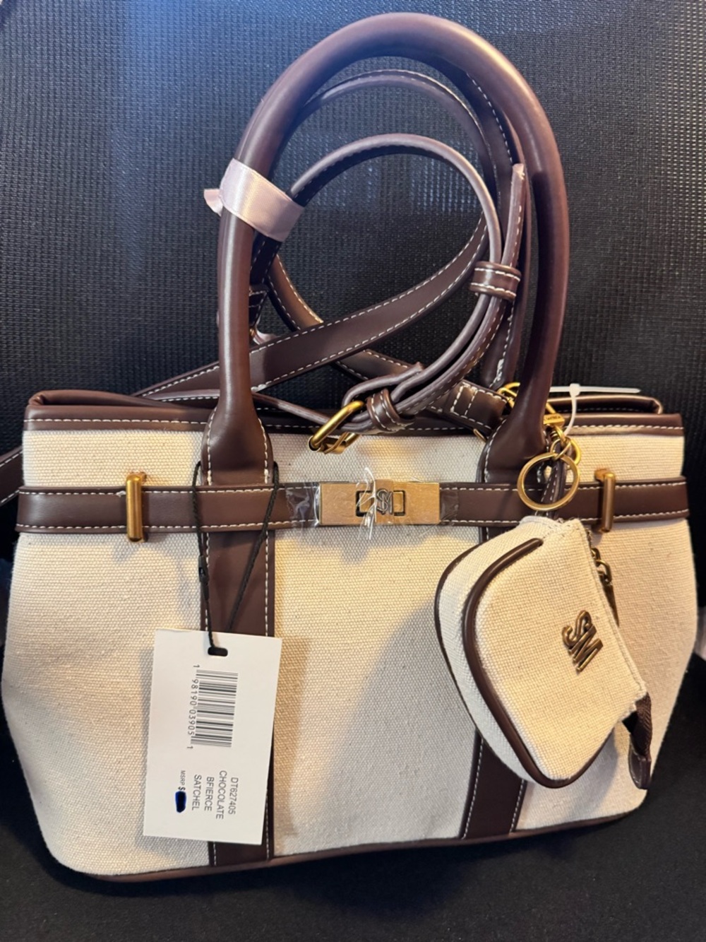 Steve Madden Cream Canvas Satchel with Brown Trim and Coin Pouch